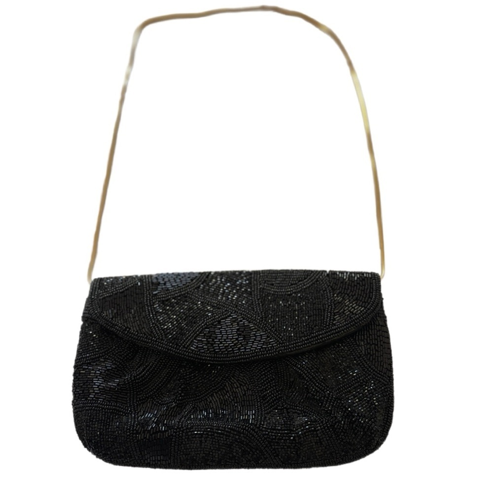 Classy Vintage Black Beaded Handbag With Gold Cable Strap